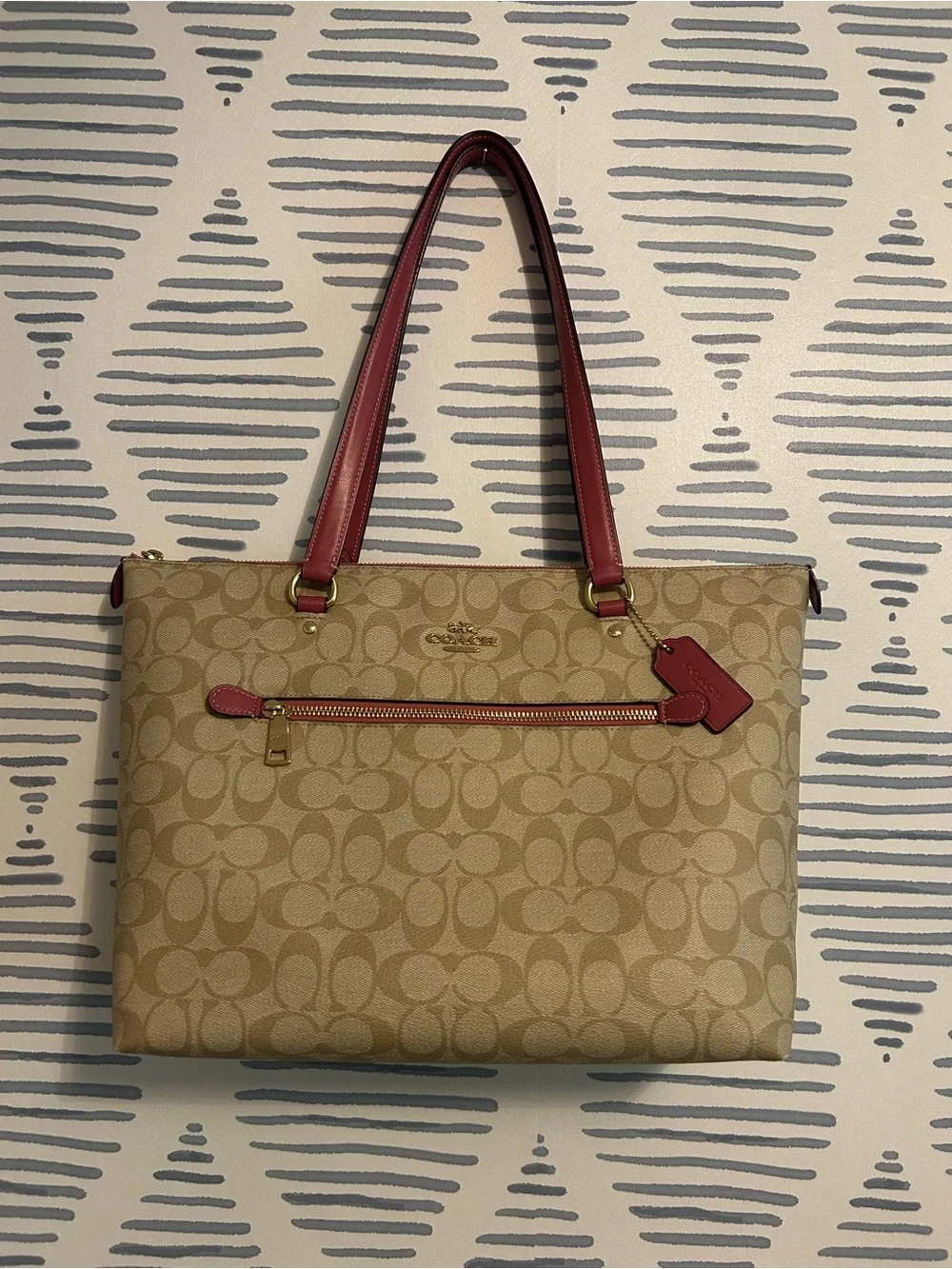 Coach Beige Signature Tote with Coral Pink Leather Trim